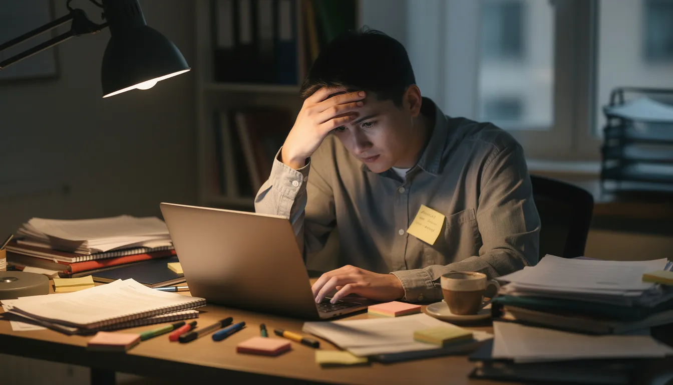 A tired individual sits at a cluttered desk filled with papers, intently working on a laptop, reflecting the challenges of managing an Etsy print on demand business. The scene captures the creative process and the effort involved in selling custom products in a competitive marketplace.